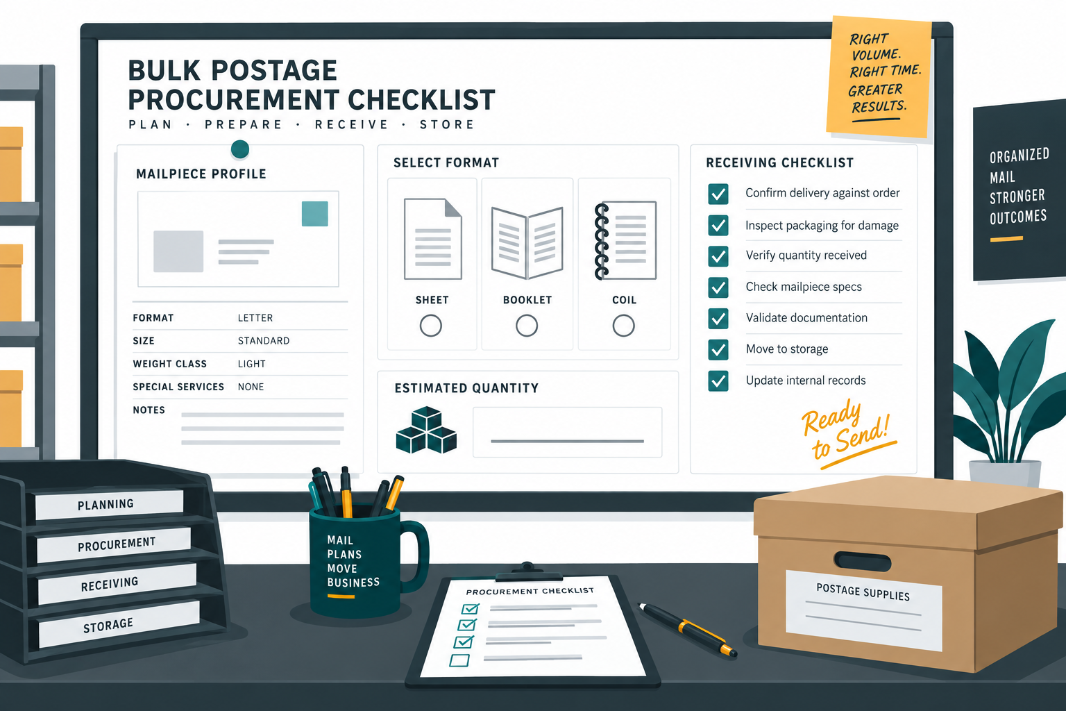 Business postage procurement worksheet comparing booklet, coil, and sheet formats on a desk