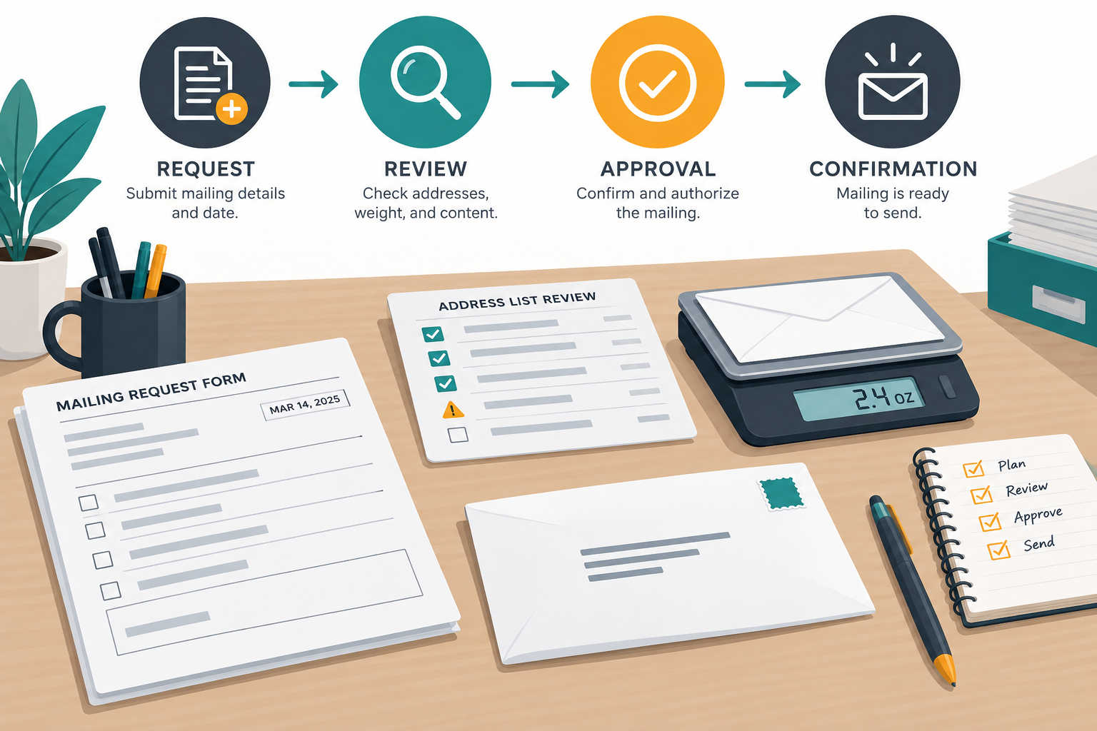 Business postage request worksheet beside a sealed envelope and scale on an office desk