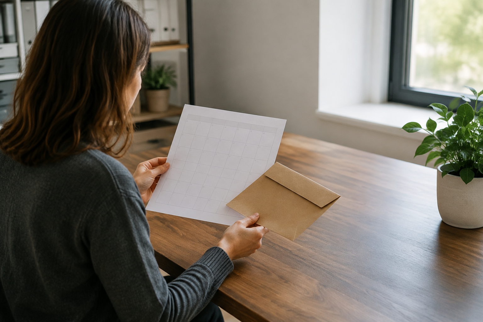 Office coordinator reviewing a dated mailing estimate before a volume quote request.