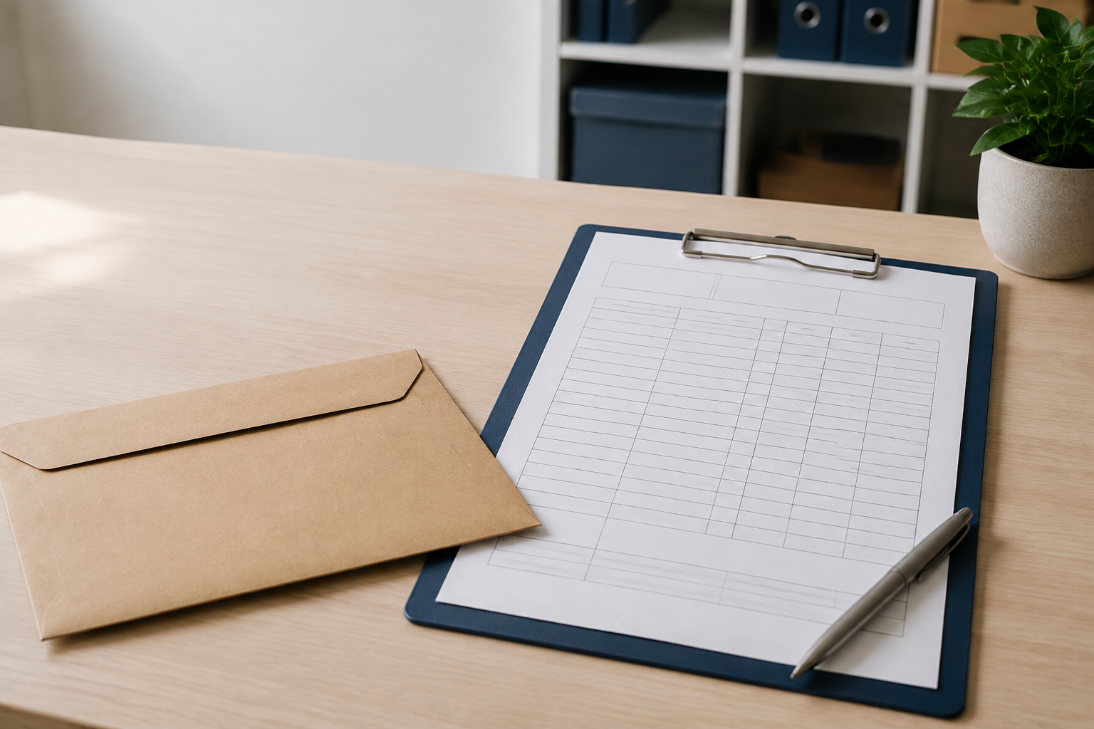 Business mailing request worksheet beside a sealed envelope on an office desk.