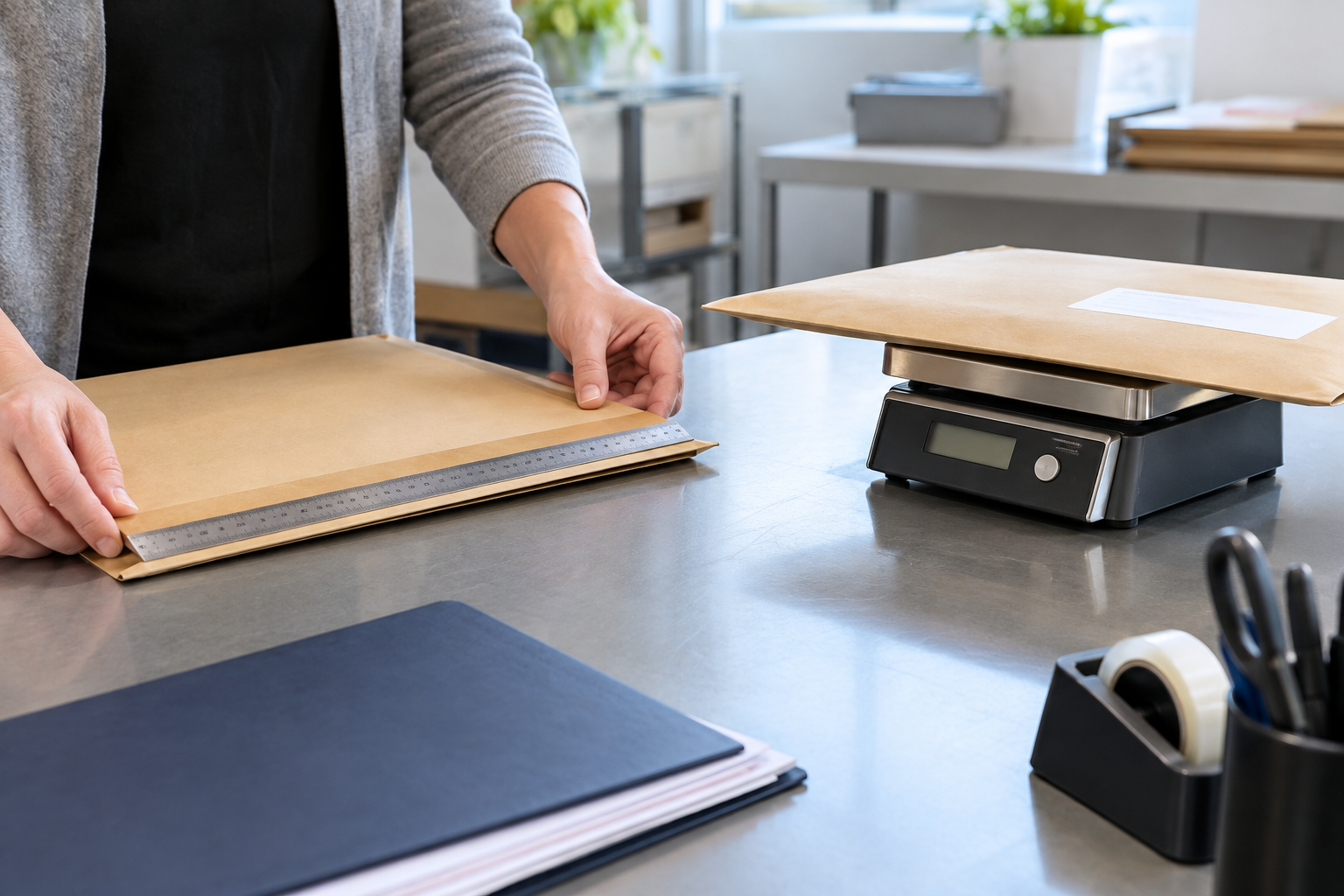 Office worker measuring and weighing a finished large document envelope