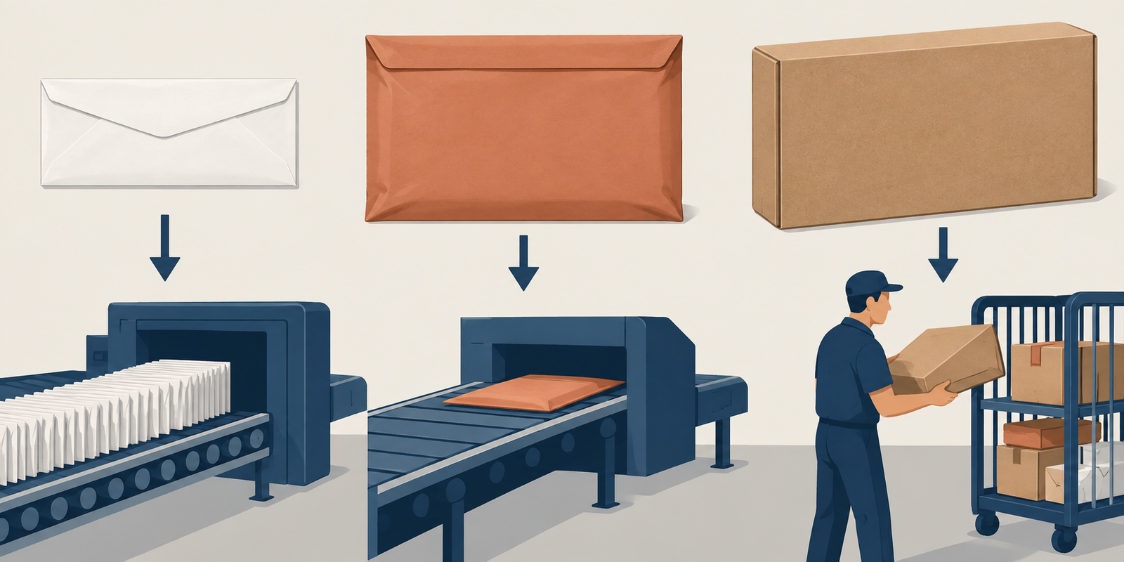 Comparison of a letter envelope, flexible flat, and rigid business mailpiece