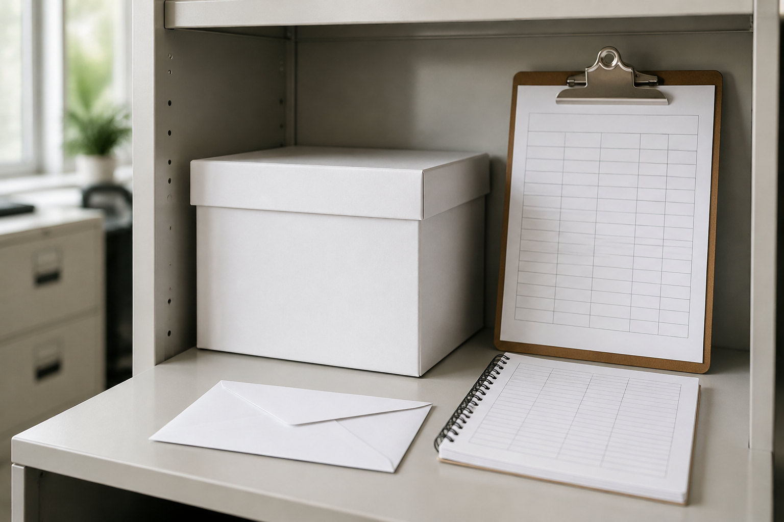 Office supply cabinet with a paper postage custody log.
