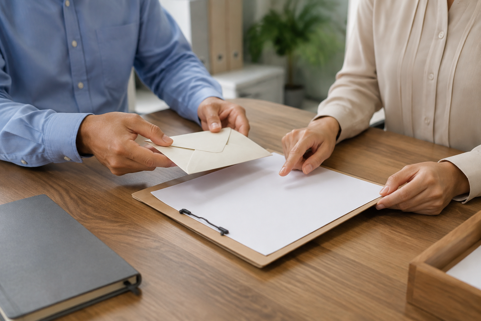 Two office staff members reviewing a dated postage custody handoff record.