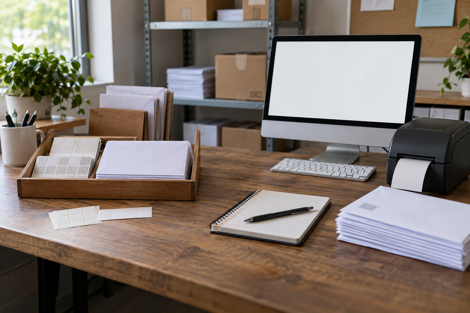 Office mailroom desk with organized envelopes and adhesive labels on one side and a computer and label printer on the other