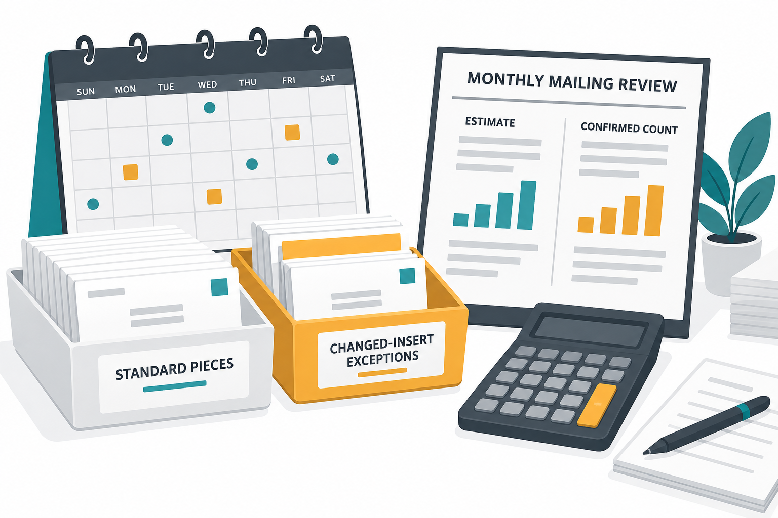 Monthly mailing review separating standard pieces from changed-insert exceptions beside a calculator