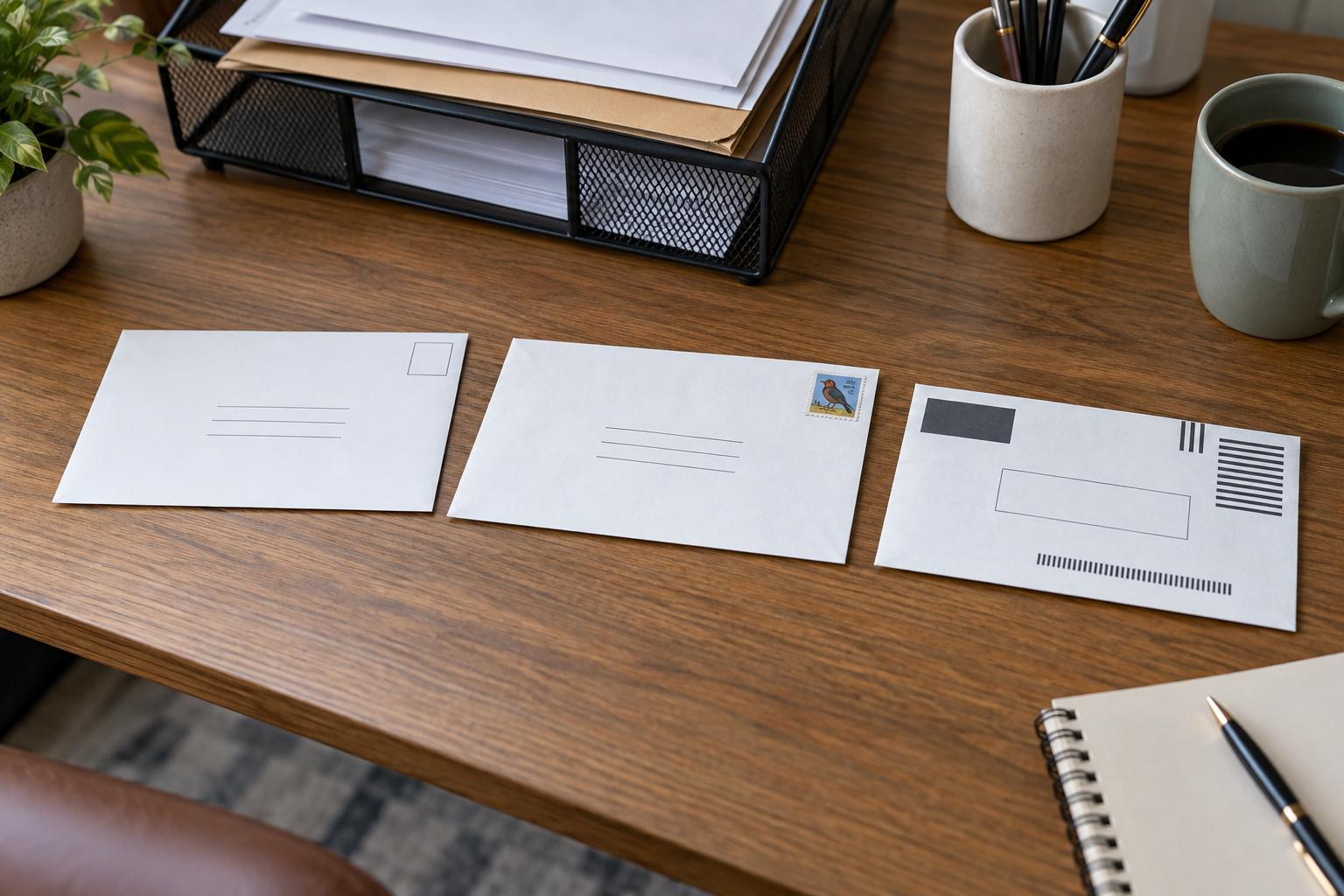Three return-mail envelope options arranged on an office desk