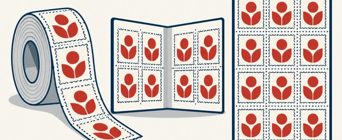 Stamp Coils vs. Booklets vs. Sheets for Business Mail